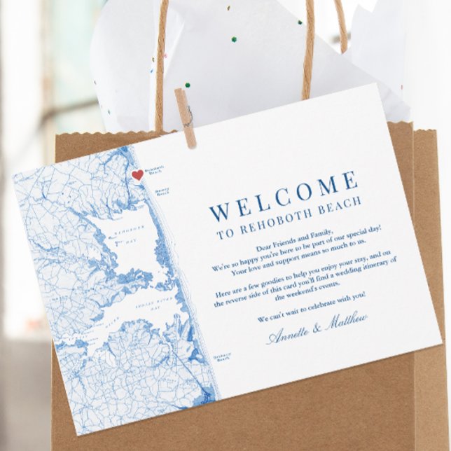 RehoBeide Beach Wedding Willkommensreise Dankeskarte (Rehoboth Beach Wedding Weekend Itinerary card with welcome letter from Coastal Map Designs)