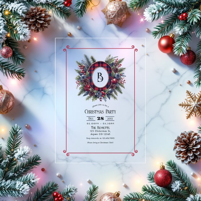 Reich Kariertes Monogram Weihnachtsfest Party Acryleinladungen (Rich Plaid Monogram Christmas Party Acrylic Invitation)