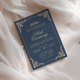 Reich verzierte Barockrahmen Gold Marineblau Nikah Einladung