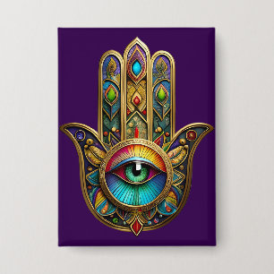 Reich verzierte goldene farbenfrohe Hamsa Grün auf Button