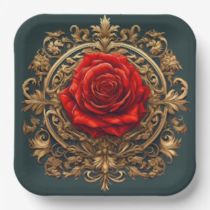 Reich verzierte rote Rose mit goldenem Barockrahme Pappteller