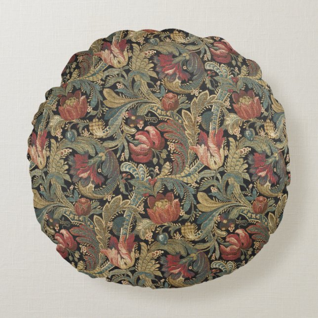 Reiche Blumenbänder Brocade Antique Classic Rundes Kissen (Vorderseite)