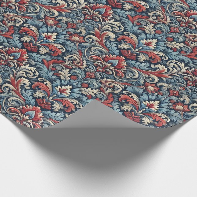 Reiche Farbtöne aus rotem und blauem Damast Geschenkpapier (Ecke)