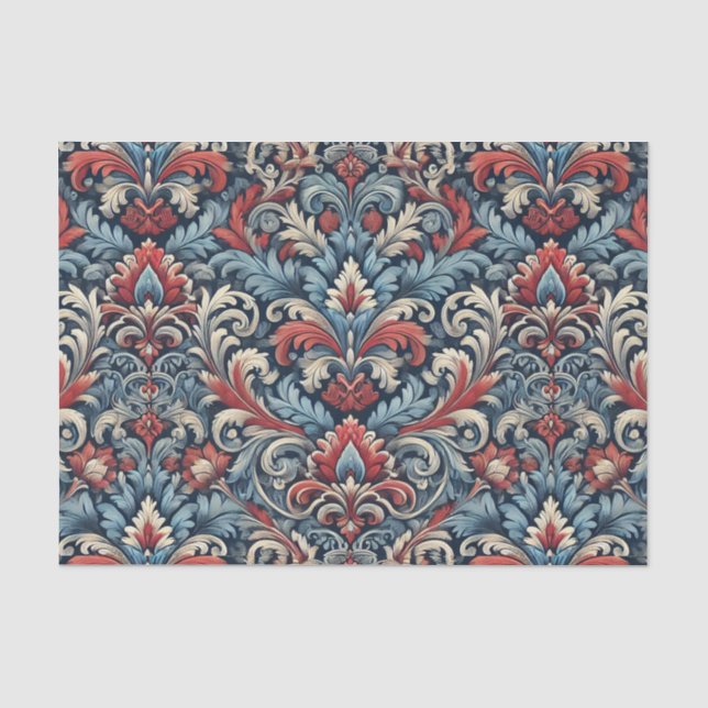 Reiche Farbtöne aus rotem und blauem Damast Seidenpapier (Vorderseite)