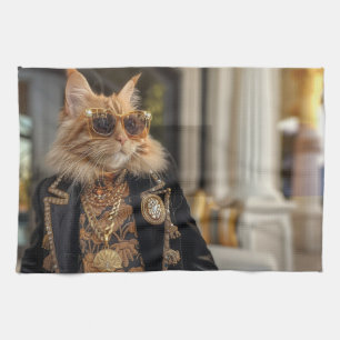 Reiche Katze stehend vor einem Herrenhaus Geschirrtuch