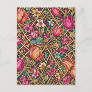 Reiche rosa Tulpen Blumige William Morris Art Postkarte
