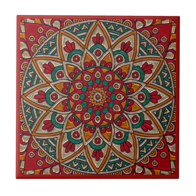 Reicher, roter Mandala. Fliese (Vorderseite)