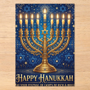 Reiches Blau und Gold Juwelenverziertes Chanukka Acryleinladungen