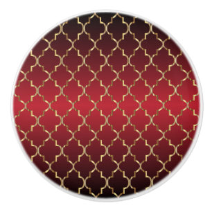 Reiches tiefrotes und Gold Quatrefoil Keramikknauf