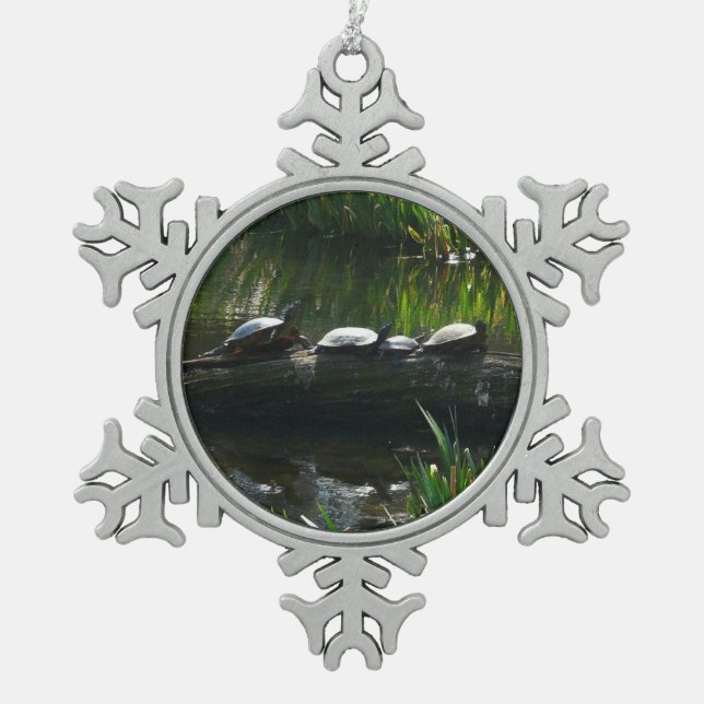 Reihe von Schildkröten Grünes Foto Schneeflocken Zinn-Ornament (Vorderseite)