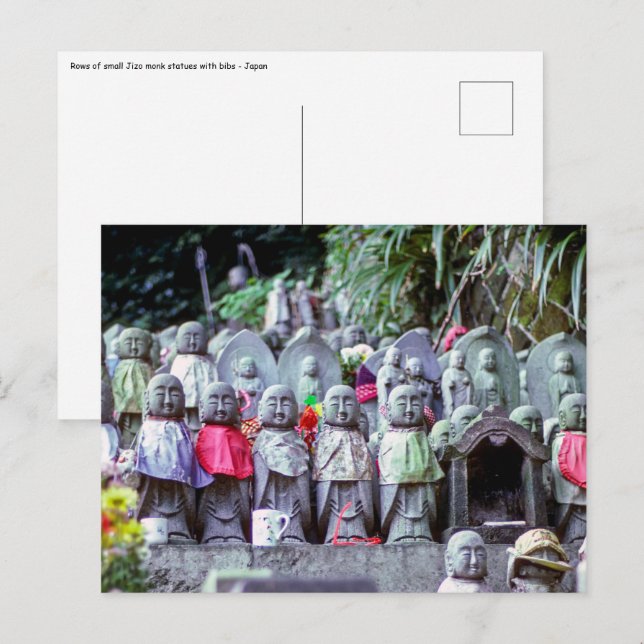 Reihen kleiner Jizo-Mönchsstatuen mit Bikes - Japa Postkarte (Vorne/Hinten)