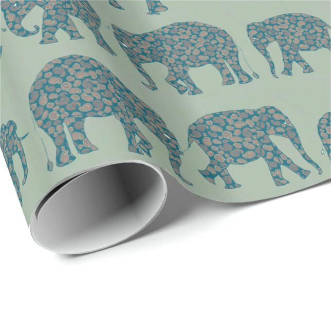 Reihen von Paisley Elephants auf der Seite Grün Geschenkpapier (Rolleneckpunkt)