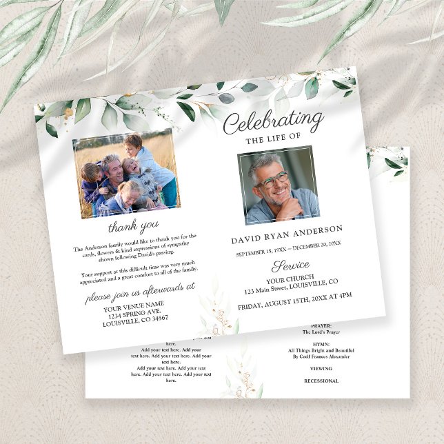 Reihenfolge des Foto-Programms zur Beerdigung von  (Celebrating life memorial service, program memorial service greenery photo. funeral program)