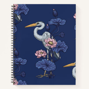 Reiher im rosa Lotosgarten auf delphinblau Notizbuch