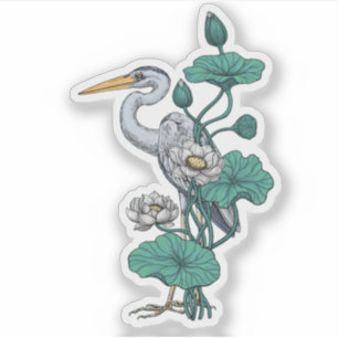 Reiher im Weißen Lotosgarten auf Jade Aufkleber