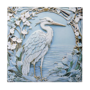 Reiher Sea Bird Art Nouveau Faux Relief Rechts Bla Fliese