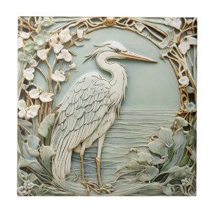 Reiher Sea Bird Art Nouveau Faux Relief Rechts Min Fliese