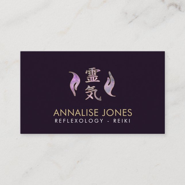 Reiki heilendes Symbol und Hände Fluorit und Gold Visitenkarte (Vorderseite)