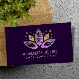 Reiki-Symbol und Hände in Lotus Fluorit und Gold Visitenkarte