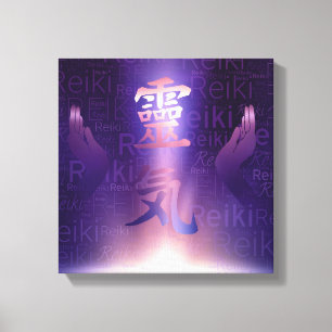 Reiki Symbole und heilende Hände auf lila Licht Leinwanddruck