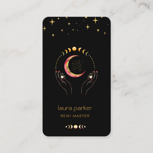 Reiki Yoga Healing Hands Crescent Moon Phases Myst Visitenkarte (Vorderseite)