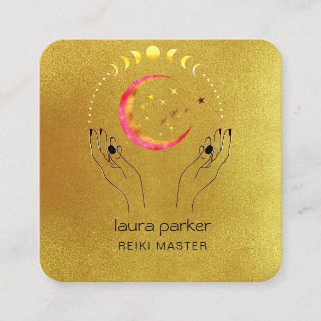 Reiki Yoga Healing Hands Crescent Moon Phases Quadratische Visitenkarte (Vorderseite)