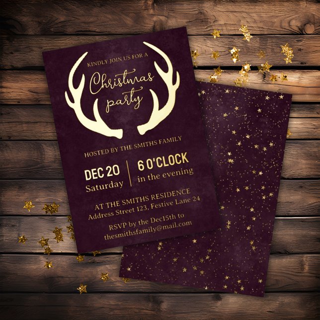 Reindeer Antlers Modern Burgund Weihnachts-Party Folieneinladung (Von Creator hochgeladen)