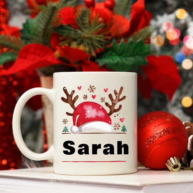 Reindeer Antlers und Weihnachtsmannmütze Weihnacht Kaffeetasse (Reindeer Antlers and Santa Hat Christmas Coffee Mug
)