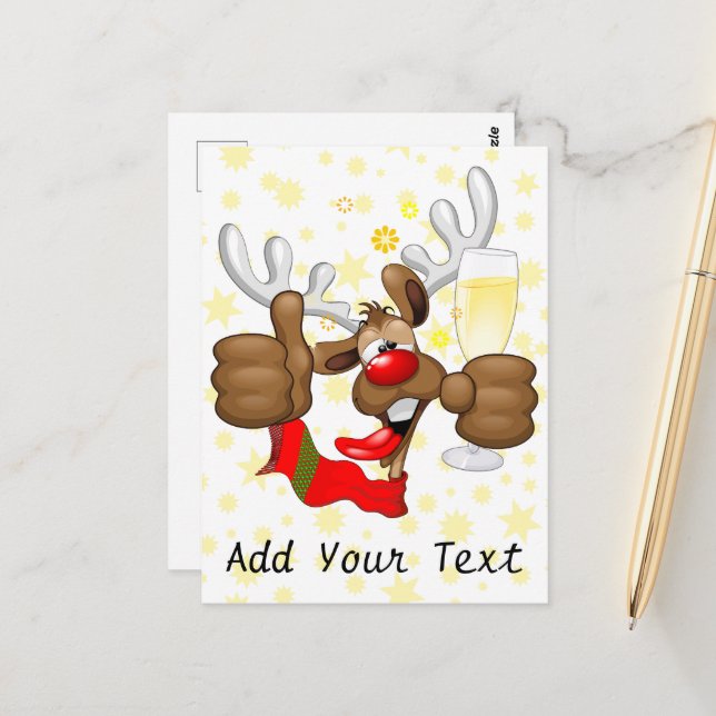 Reindeer Betrunken Funny Christmas Character Postkarte (Vorderseite/Rückseite Beispiel)