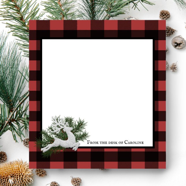 Reindeer Buffalo Kariert Personalisiert | Schwarz- Notizblock (Black and Red Reindeer Buffalo Plaid Personalized Notepad)