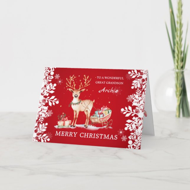 Reindeer Christmas Presents Great Grandson Feiertagskarte (Vorderseite)