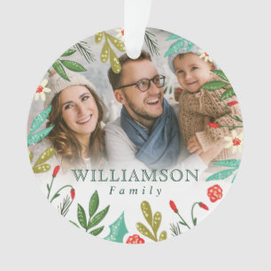 Reindeer & Festive Florals Monogram Family Foto Ornament