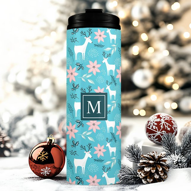 Reindeer Floral Poinsettia Weihnachtsmonogramm Thermosbecher (Von Creator hochgeladen)