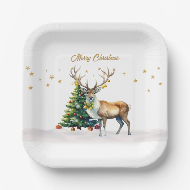 Reindeer Gold Baubles Frohen Weihnachten Pappteller (Vorderseite)