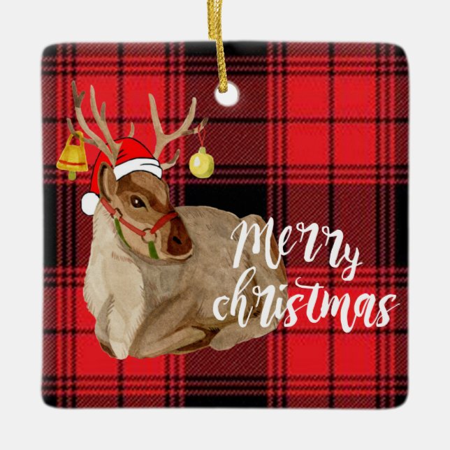 Reindeer Jingle Bell Kariert Merry Christmas Tree Keramikornament (Vorderseite)