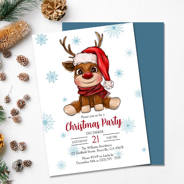 Reindeer Joyeux Noël Fête Invitation (Delight your guests with our thoughtfully crafted reindeer Christmas party invitation.)
