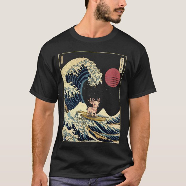 Reindeer Kanagawa Japanisch Surfwelle T-Shirt (Vorderseite)