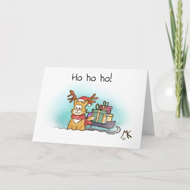 Reindeer Kitty and Sleigh mit Vorführungen Weihnac Karte (Vorderseite)