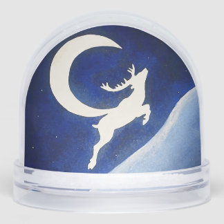 Reindeer Leaping Snowy Moonlit Mountain Snow Globe Schneekugeln
