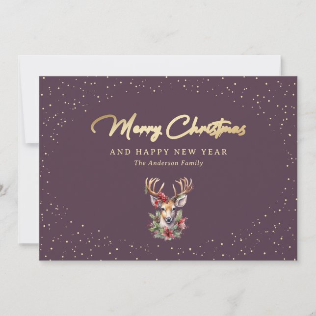 Reindeer Lila Gold Snow Frohe Weihnachten (Vorderseite)