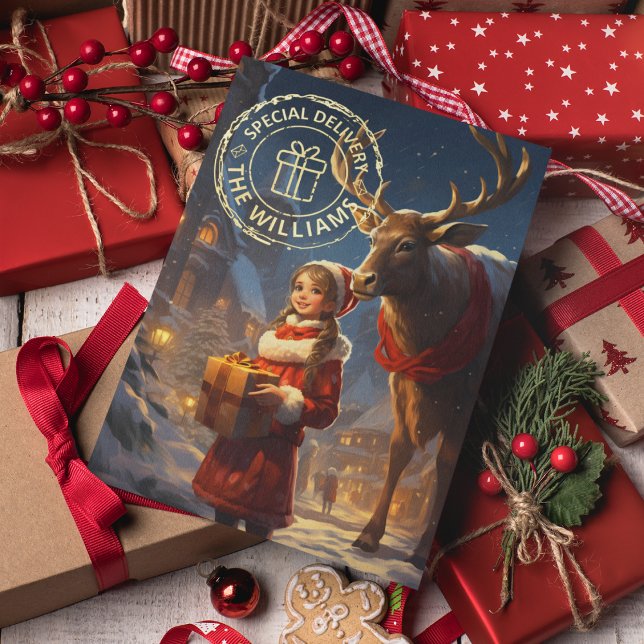 Reindeer Livraison spéciale Pile Carte de Noël (Personalized Reindeer Special Delivery Foil Christmas Card)