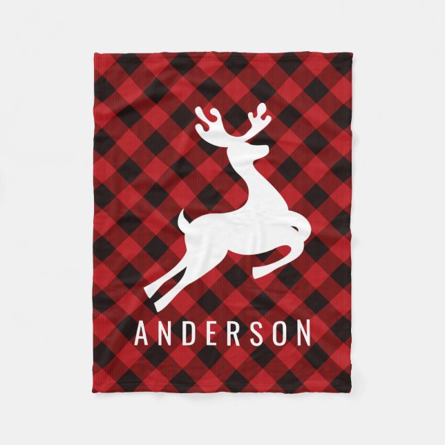 Reindeer Monogram | Deep Red Buffalo Kariert Fleecedecke (Vorderseite)