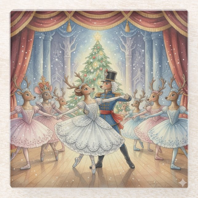 Reindeer Nutcracker Ballet, Glass Coaster Glasuntersetzer (Vorderseite)