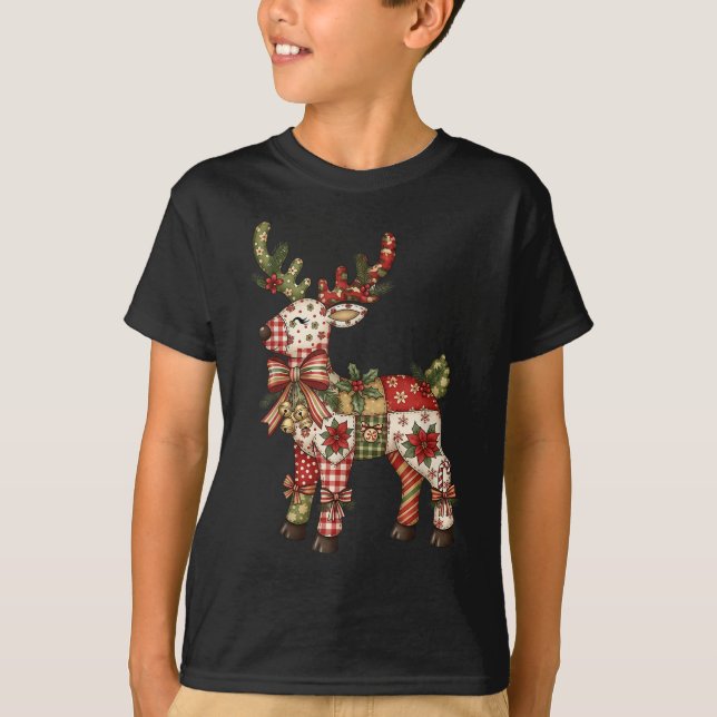 Reindeer Patchwork Coquette Bow Christmas Pajamas T-Shirt (Vorderseite)