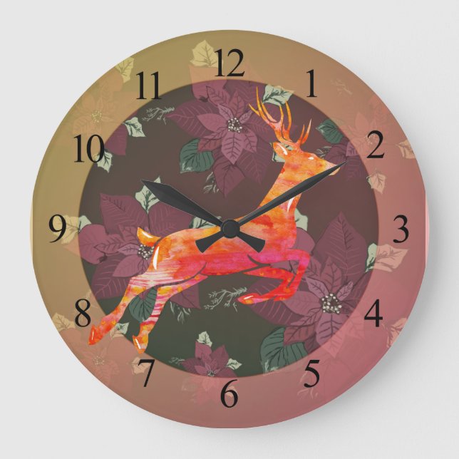 Reindeer Poinsettia Holiday Große Wanduhr (Vorderseite)