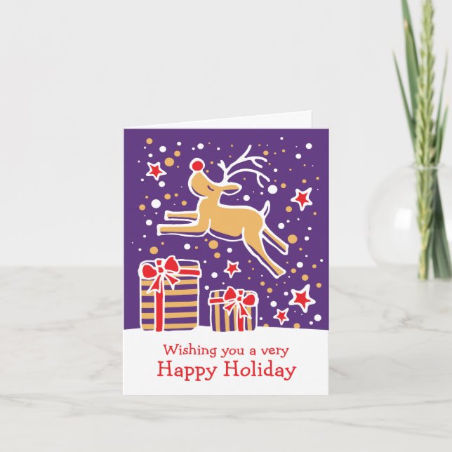 Reindeer prêtant des cadeaux de Noël violet carte (Devant)