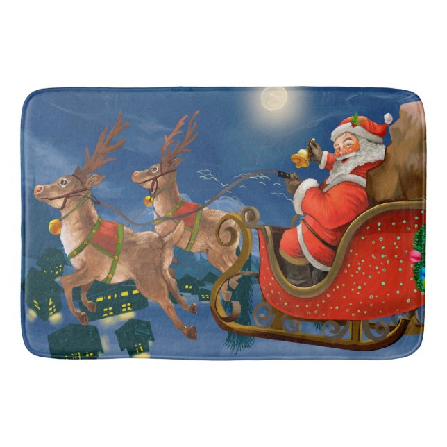 Reindeer Pulling Santa Claus Sleigh | Weihnachten Badematte (Vorderseite)