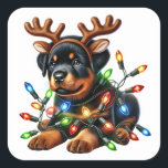 Reindeer Rottie Rette Weihnachten! Quadratischer Aufkleber<br><div class="desc">Umzug,  Rudolph - diese Rottie mit Rentierern-Geweih stiehlt Weihnachtslicht mit ihrem bezaubernden Lächeln und ihrem festlichen Charme!</div>