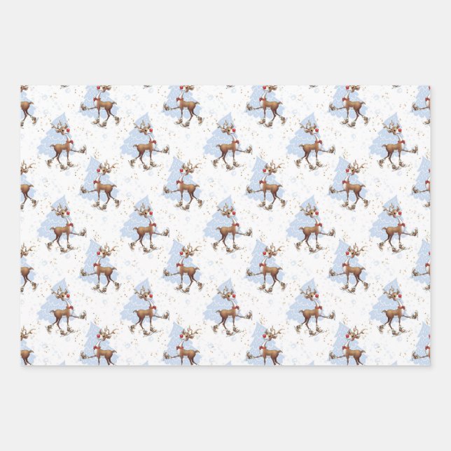 Reindeer Rudolph Weihnachtswrapping Paper Geschenkpapier Set (Vorderseite)