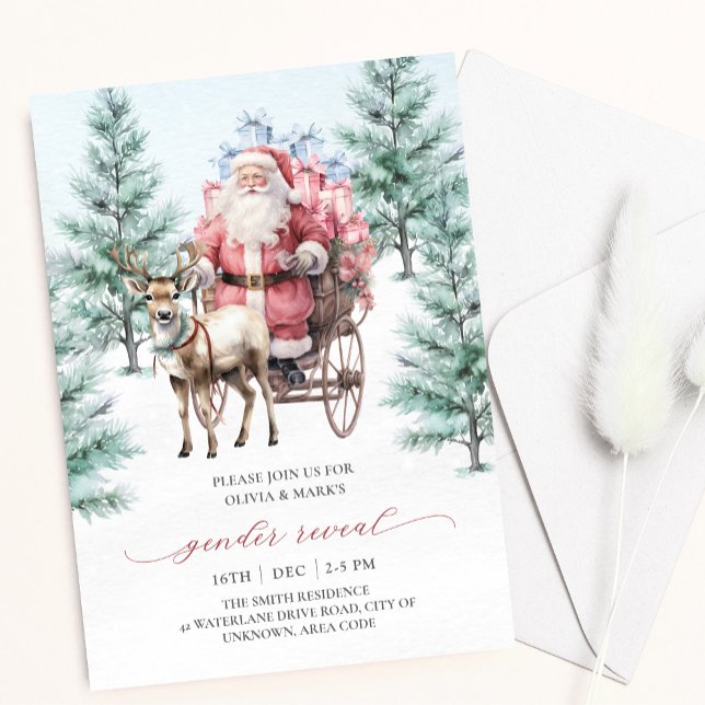 Reindeer Santa Sleigh Christmas Gender Reveal Einladung (Von Creator hochgeladen)